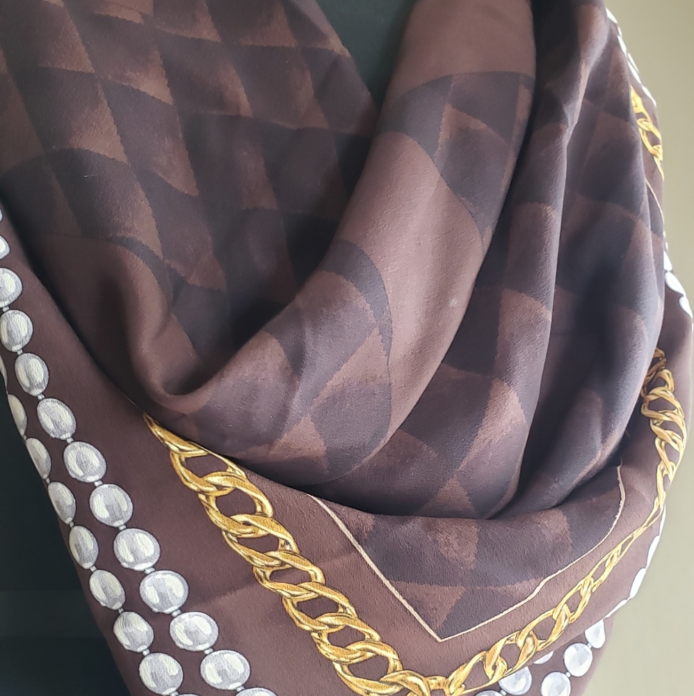 Chanel Brown & Gold Square Silk Scarf - Picture 5 of 9